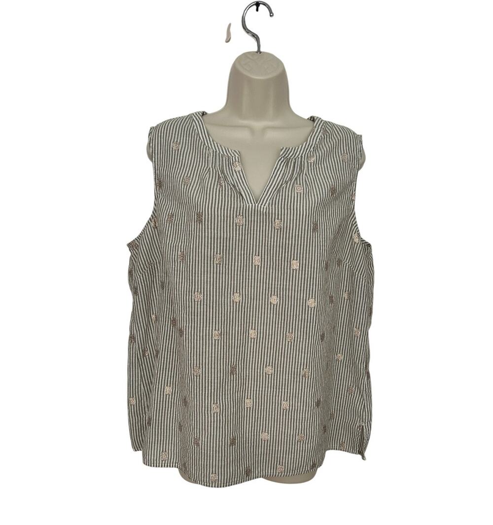 Talbots Sleeveless Top Gray White Stripe Metallic Floral Cotton Super Cute!  XL